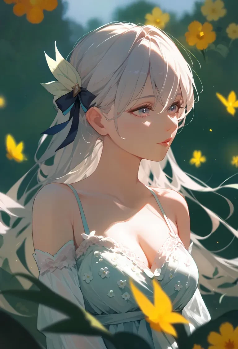 An AI generated image using stable diffusion of a beautiful anime girl with blonde hair, adorned with a flower in her hair, surrounded by yellow flowers.
