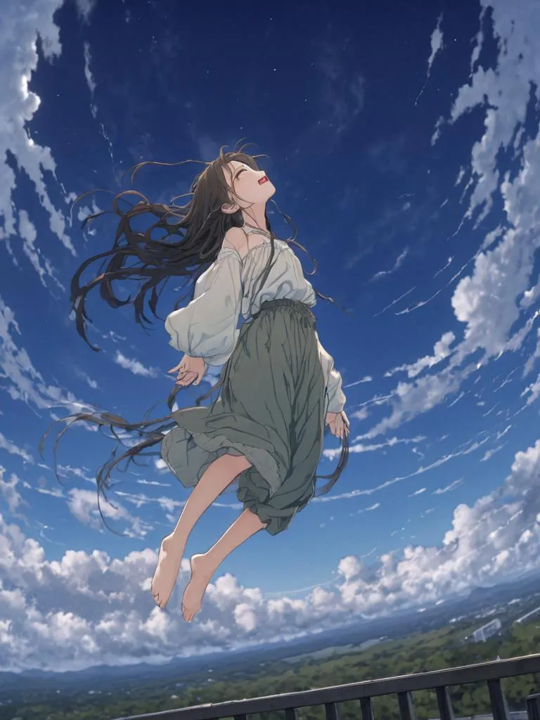 Anime girl flying in the sky with eyes closed and arms stretched. AI generated image using stable diffusion.