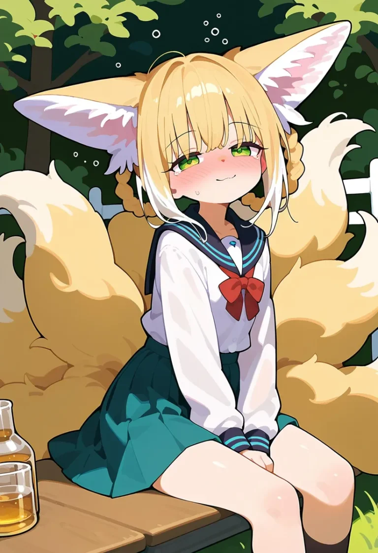 Anime girl with blonde hair, fox ears, and tail, wearing a school uniform and sitting on a bench. This is an AI generated image using stable diffusion.