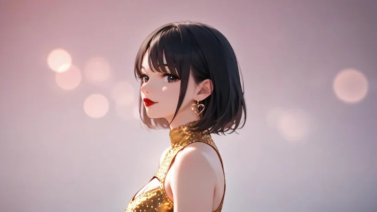 AI generated image of an anime girl with short black hair in a golden dress with a heart earring, created using Stable Diffusion.