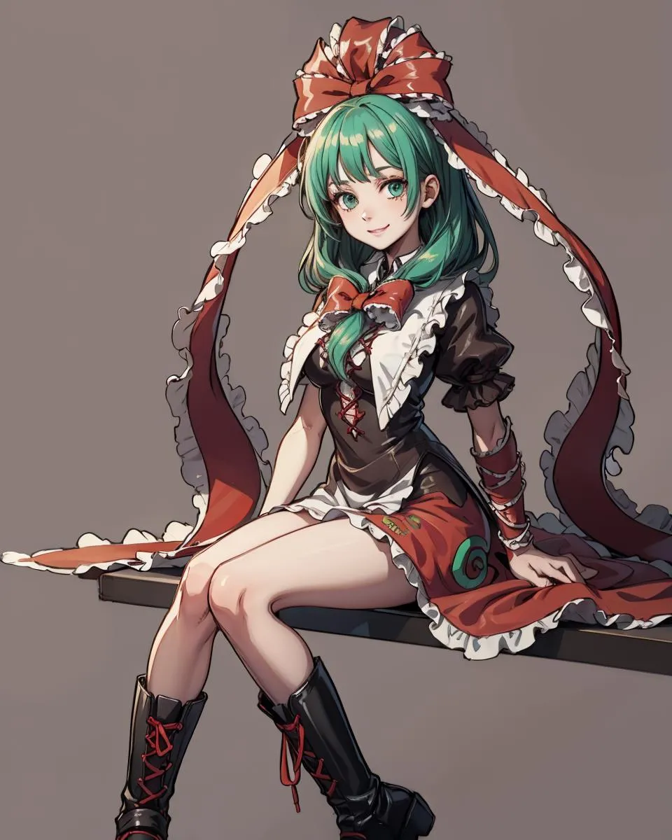 Anime girl with green hair, large bow ribbon dressed in a maid outfit. AI generated with Stable Diffusion.