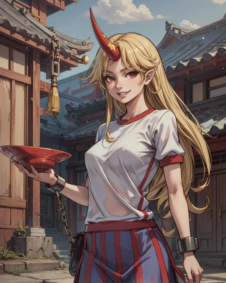 Anime girl with long blonde hair and a red horn standing in a traditional Japanese setting, created using Stable Diffusion.