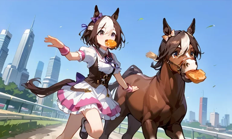 AI generated image using Stable Diffusion of an anime girl with horse ears and a cute dress running beside an anime horse with a cityscape background.