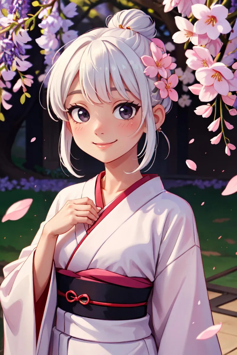 A beautiful anime girl with white hair, dressed in a traditional kimono, stands among blooming cherry blossoms. This is an AI generated image using Stable Diffusion.