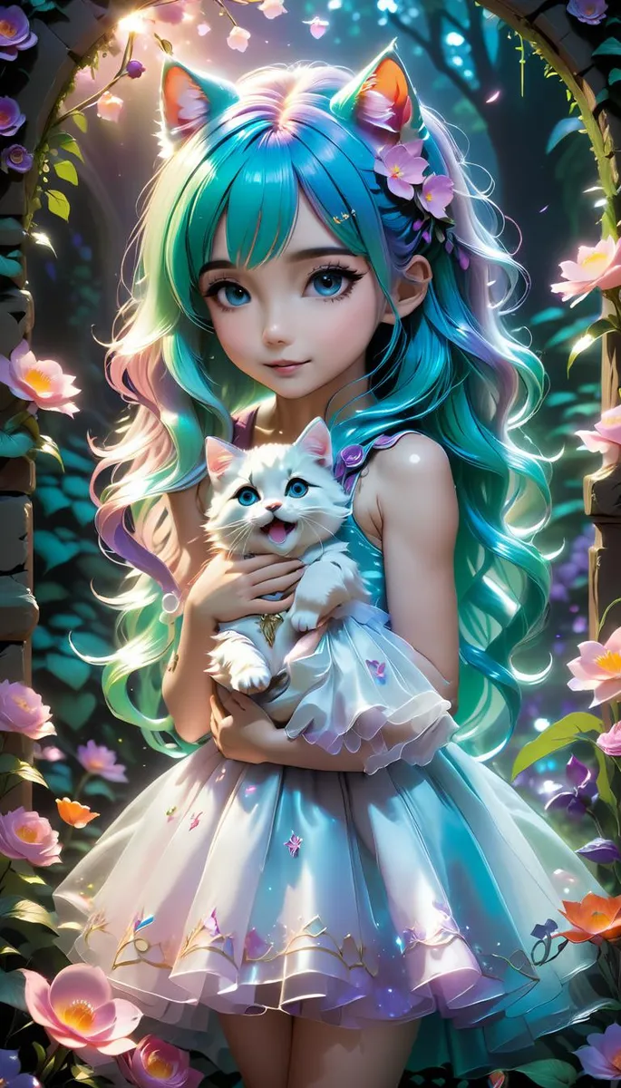 Anime-styled girl with turquoise hair, cat ears, and a white kitten, surrounded by colorful flowers. AI-generated image using Stable Diffusion.