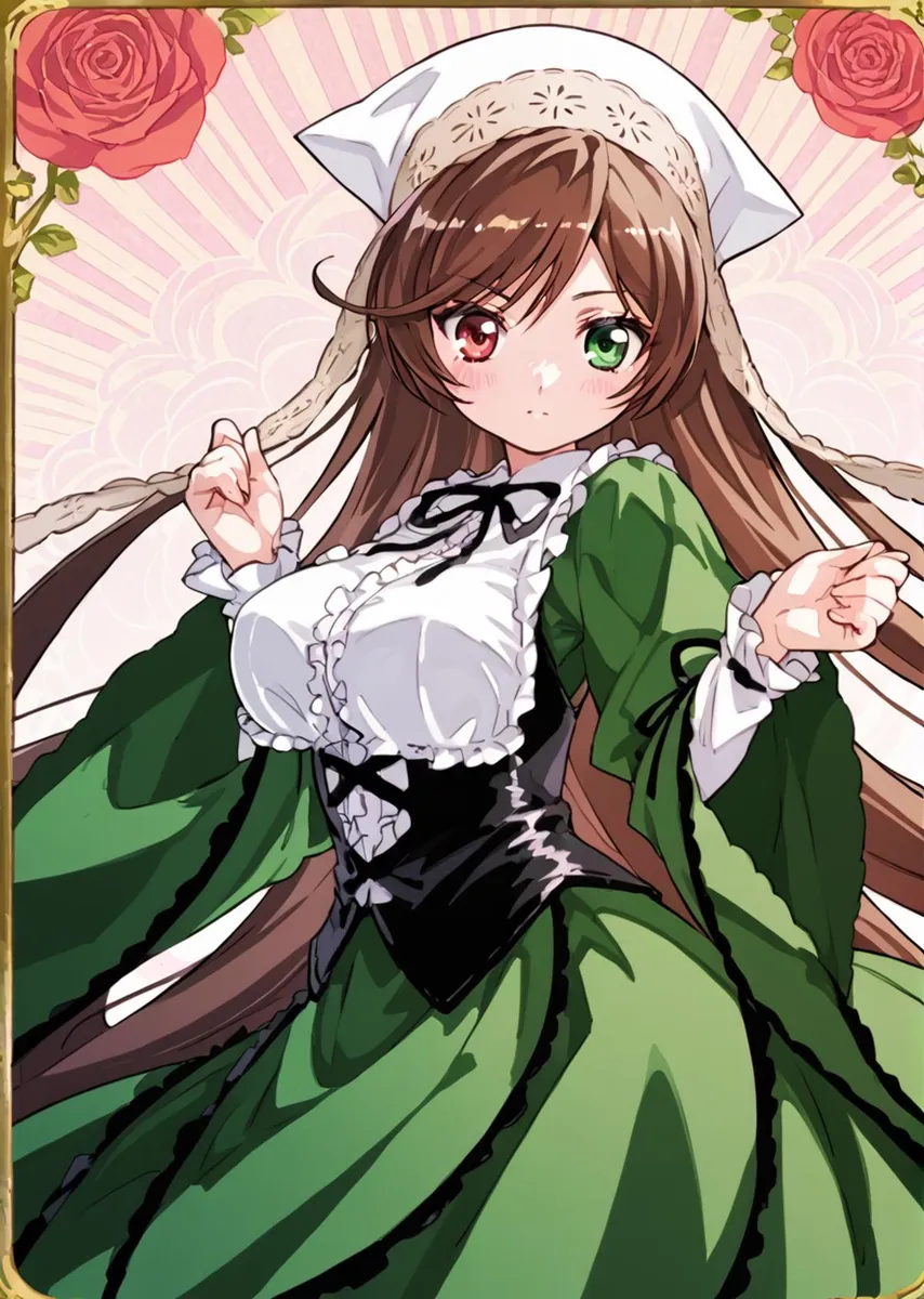 Anime girl with heterochromia dressed in a green and white maid costume with roses on border, AI generated image using Stable Diffusion.