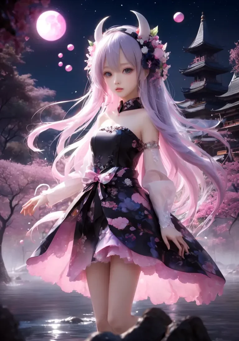 A fantasy anime girl with long pink hair and flower crown standing by a cherry blossom lake under a bright moon, AI generated image using Stable Diffusion.