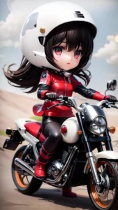 AI-generated image using stable diffusion depicting an anime girl with large eyes, black hair, and a big white helmet riding a classic motorcycle.