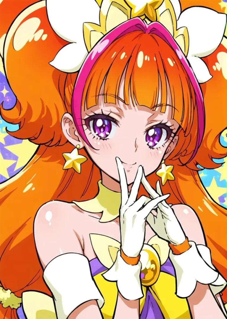 Anime girl with vibrant orange hair, purple eyes, and star-shaped earrings wearing a magical outfit. AI generated image using Stable Diffusion.