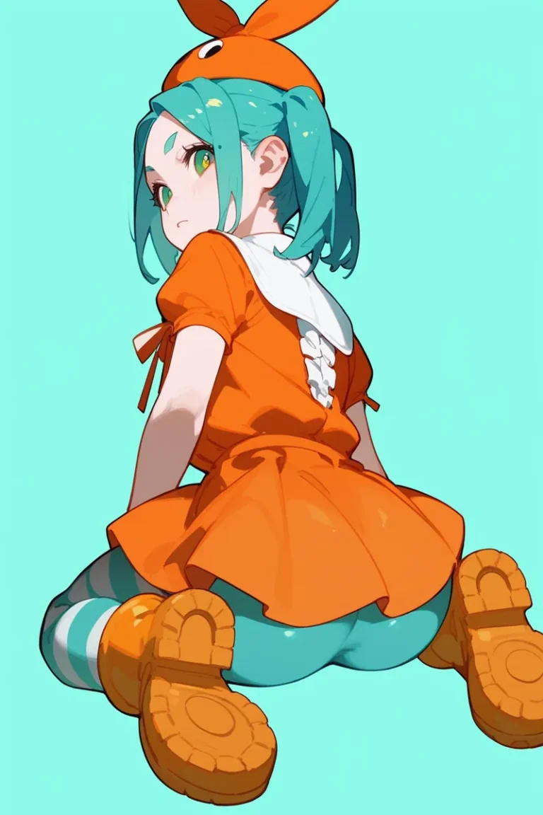 Anime-style girl with teal hair, wearing an orange outfit and matching hat with a white bandana, sitting with her back turned. AI generated image using Stable Diffusion.