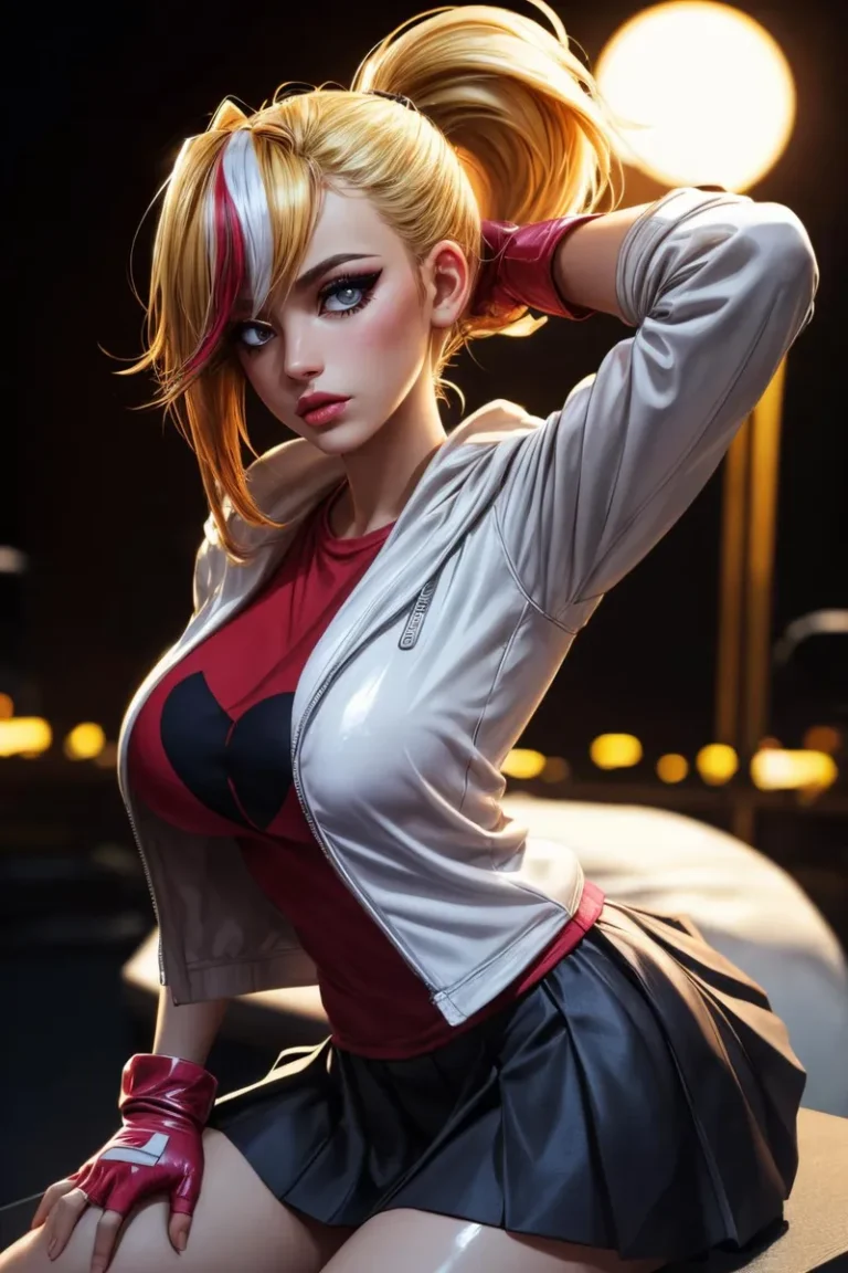 AI-generated image of an anime girl with a blond ponytail, wearing a white jacket and red shirt, sitting against a backdrop with lights using stable diffusion.