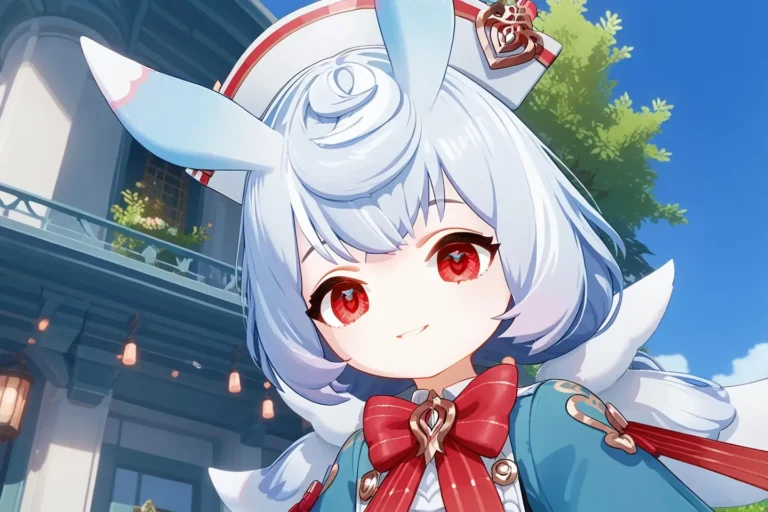 A beautifully detailed anime girl with blue hair and large red eyes, wearing rabbit ears and a navy blue outfit with a red bow, generated by AI using stable diffusion.
