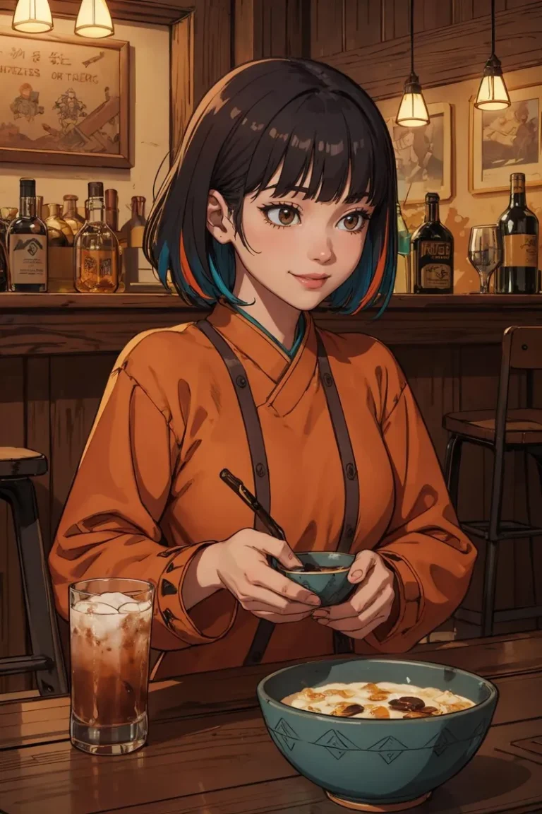 AI generated image using Stable Diffusion of an anime girl with short black hair and colorful streaks, dressed in an orange outfit, enjoying a bowl of ramen at a cozy restaurant bar.