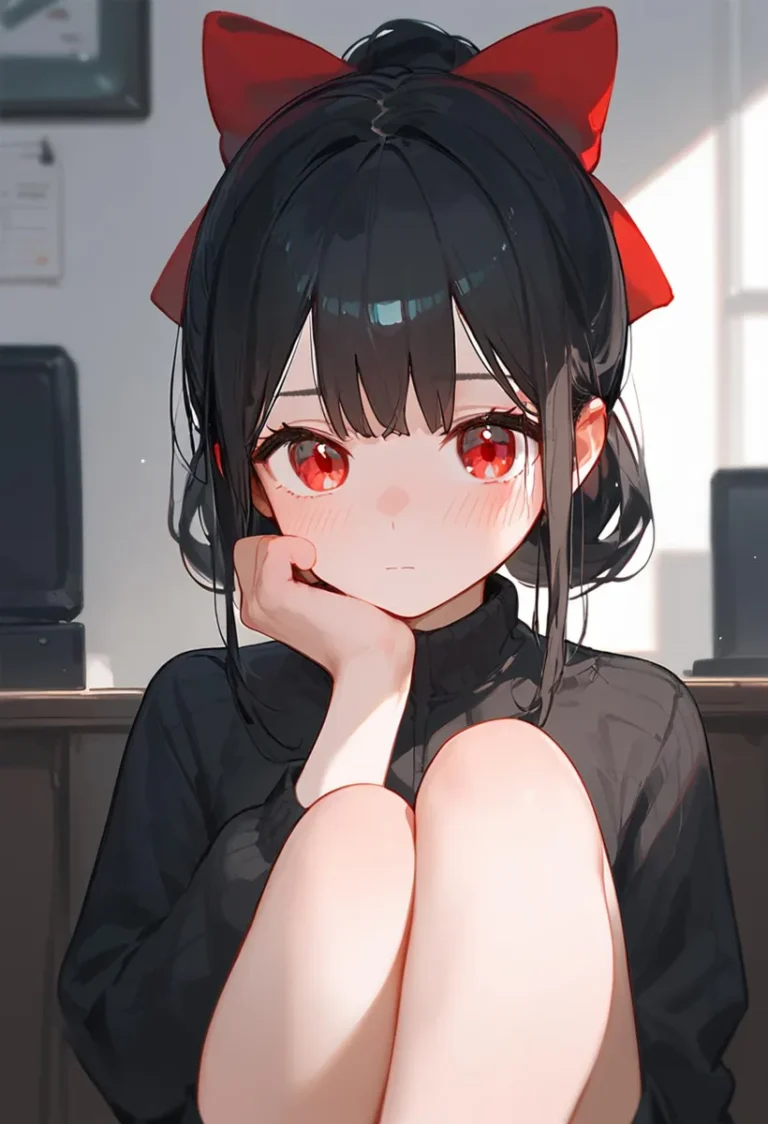 An AI-generated image of a pensive anime girl with striking red eyes and a red bow in her black short hair, wearing a black outfit.