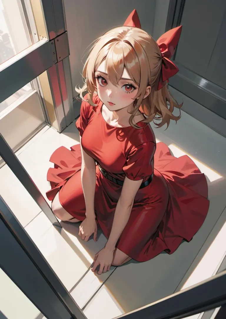 Anime girl with large red bow in her hair, wearing a red dress, and kneeling while looking up. Stable Diffusion AI generated image.