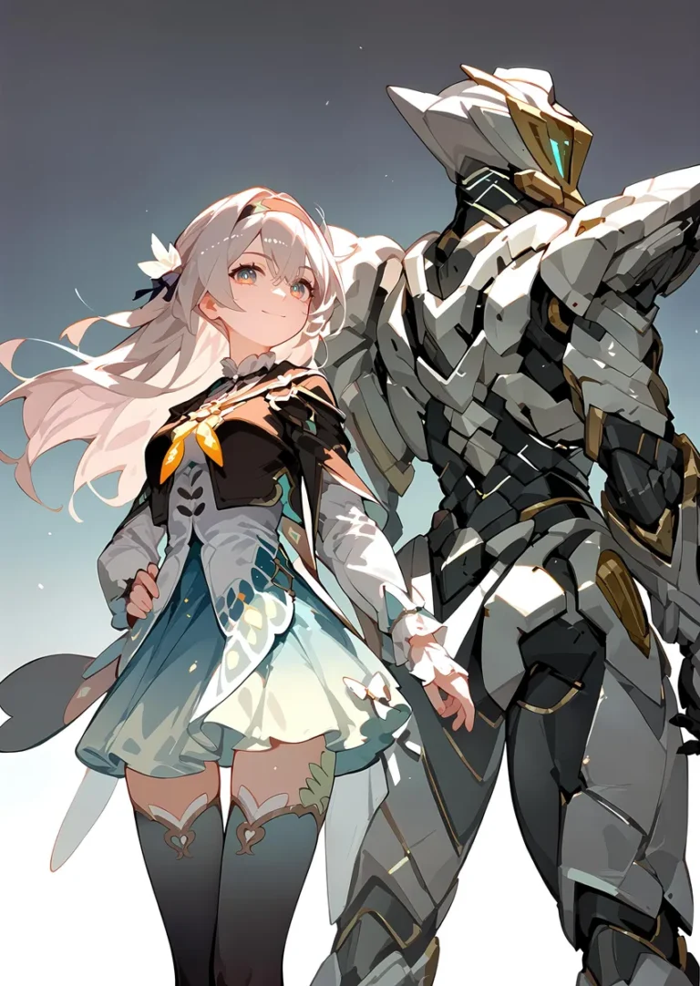 Anime-style girl with white hair and floral accessories standing with a large, armored robot companion, generated using Stable Diffusion.
