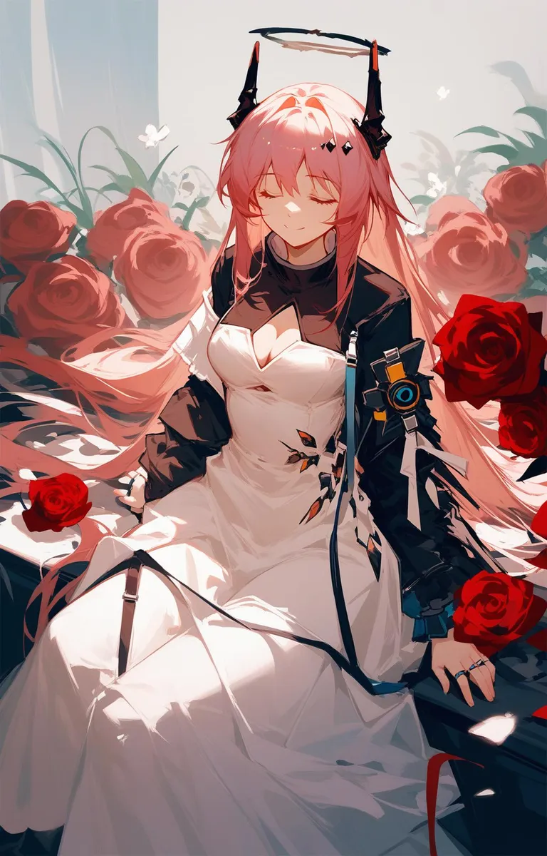 AI generated image using Stable Diffusion showing an anime girl with long pink hair, a white dress, and a black cybernetic arm, surrounded by red roses.