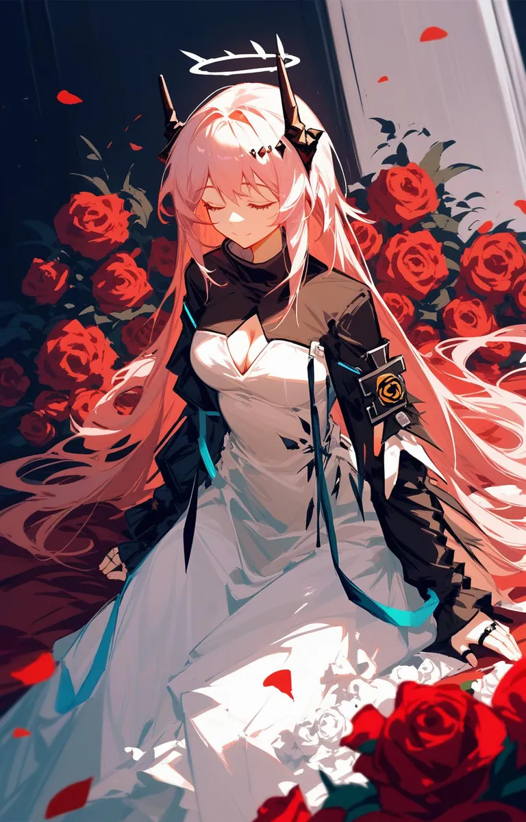 A detailed anime girl with long pink hair and horns, wearing a white dress with black accents while surrounded by numerous red roses. AI generated image using Stable Diffusion.