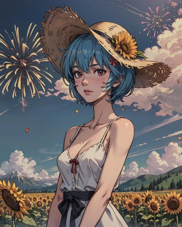 Anime girl with blue hair in a white dress and straw hat adorned with sunflowers, standing in a sunflower field, with fireworks in the sky.