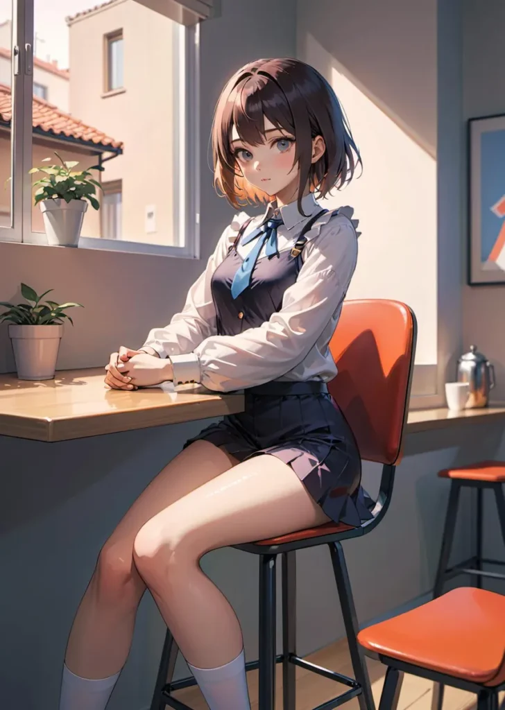 An AI generated image using Stable Diffusion depicting an anime girl sitting on a chair in a sunlit room.