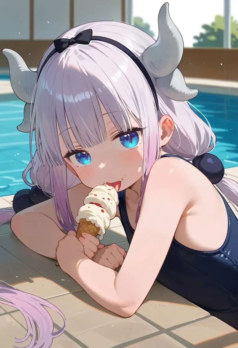 Anime girl with lavender hair, horns, and blue eyes in a dark swimsuit, eating an ice cream cone by the pool. AI generated image using Stable Diffusion.