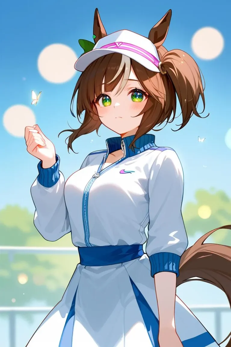 Anime-style girl with green eyes, dressed in a white and blue tennis outfit with a cap. AI generated image using stable diffusion.