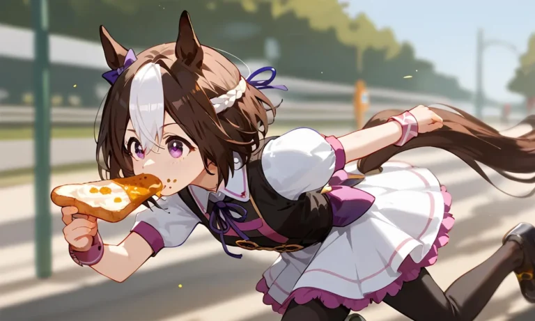 An AI generated anime girl with animal ears running and holding a piece of toast in her mouth, created using Stable Diffusion.