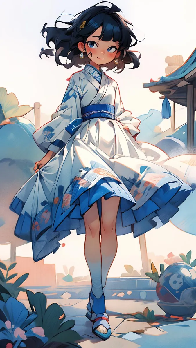 AI generated image of an anime girl with dark hair in a traditional blue and white dress, walking outdoors.