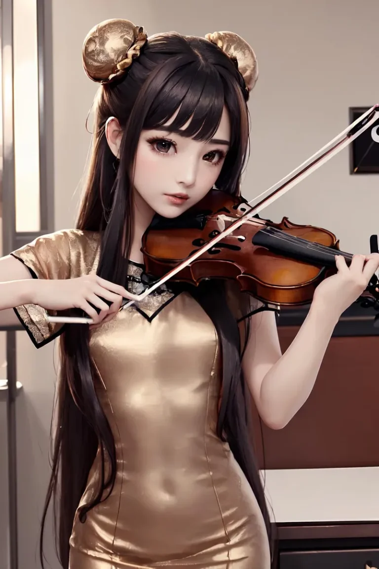 Anime girl in a golden dress playing a violin. AI generated image using stable diffusion.
