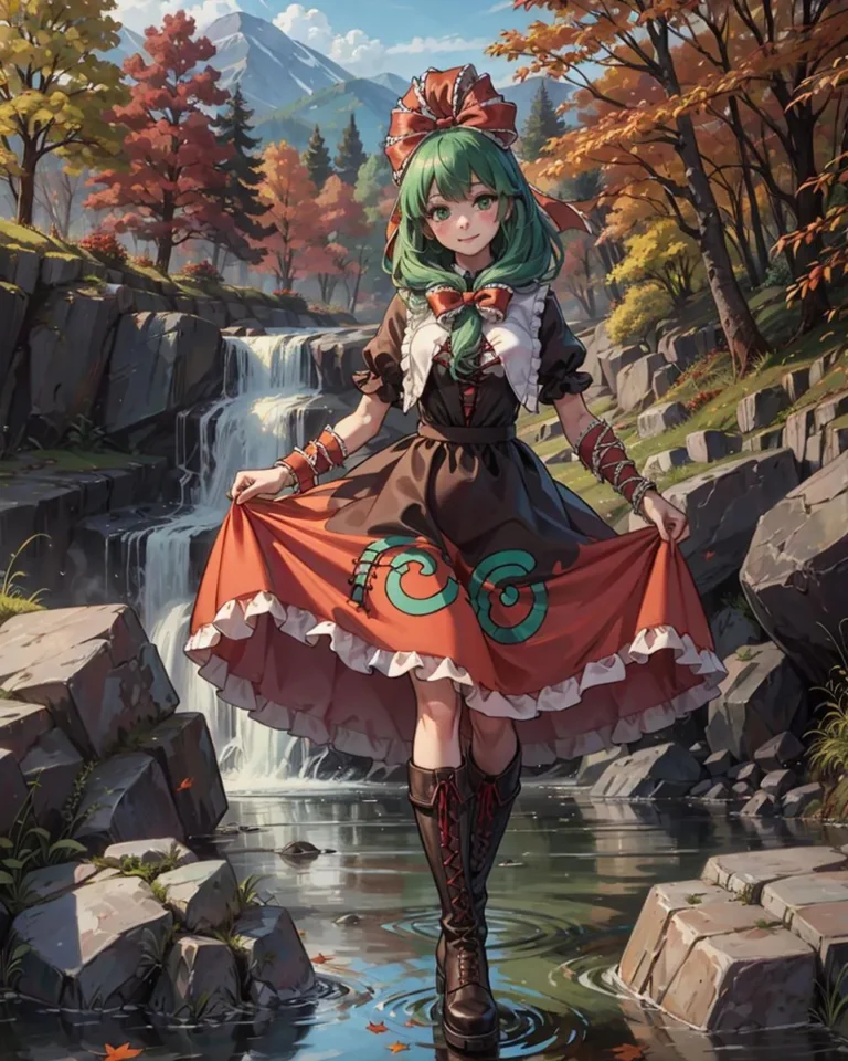 AI generated image using Stable Diffusion depicting an anime girl with green hair and a traditional outfit, standing in a rocky landscape with a waterfall and autumn foliage.