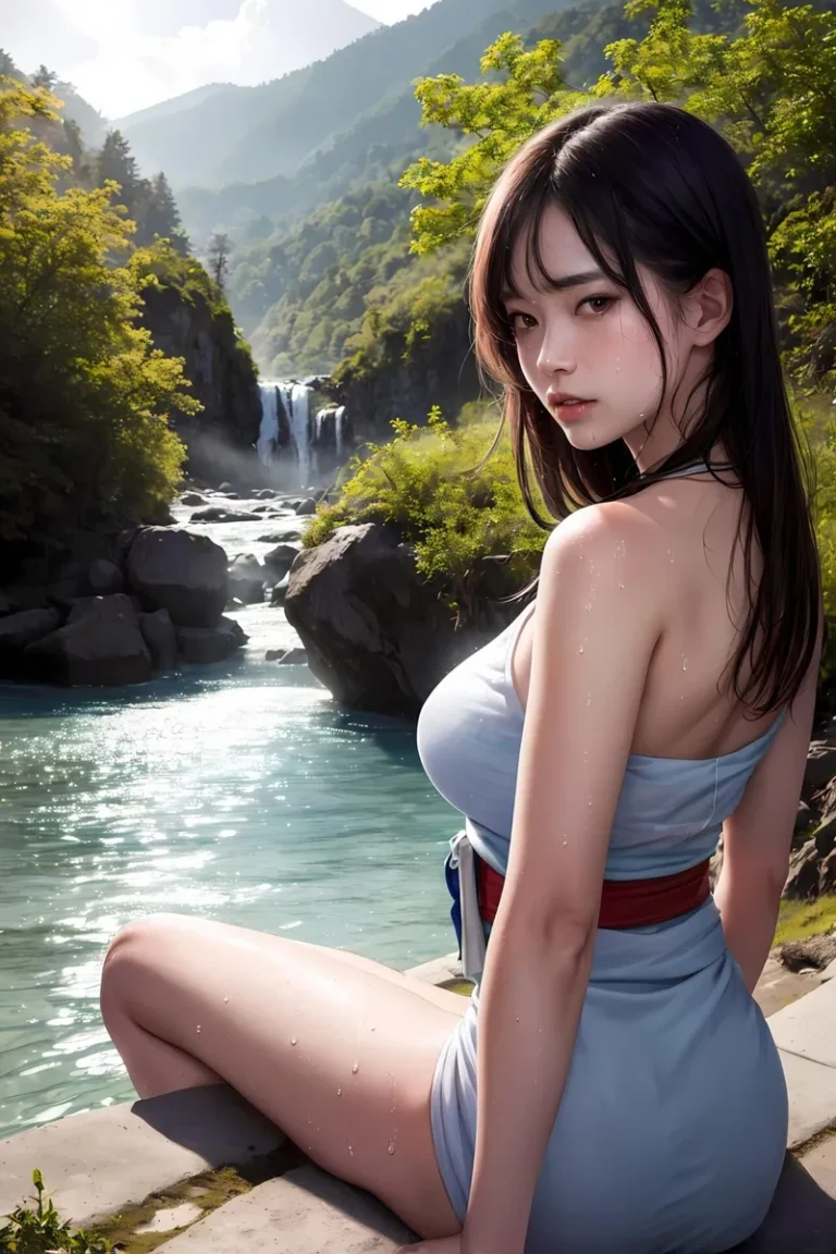 AI generated image of an anime girl with wet hair and skin sitting near a serene waterfall surrounded by lush greenery using stable diffusion.