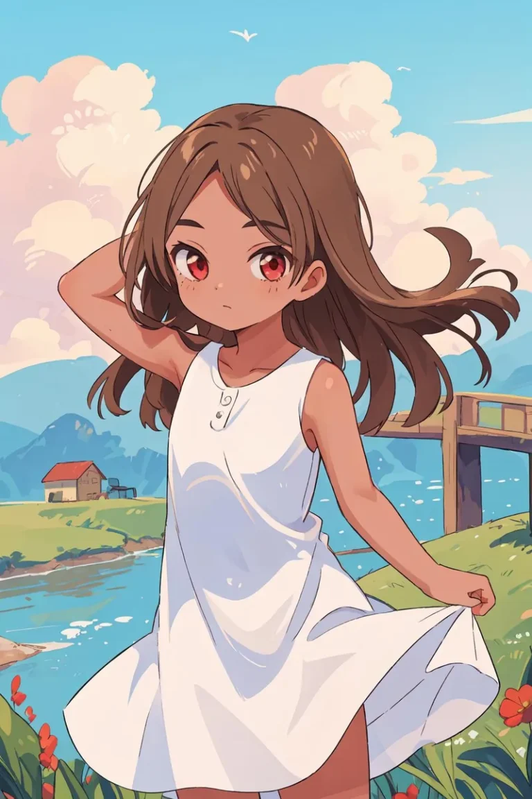 AI generated image of an anime girl with long brown hair and red eyes in a simple white dress, standing by a riverside with a house, a bridge, mountains, and flowers in the background, created using Stable Diffusion.