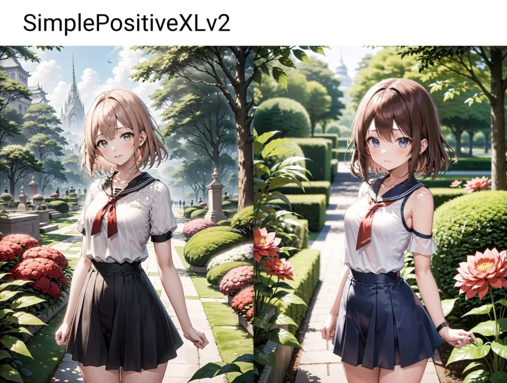 Anime girls in school uniforms standing in a beautiful garden with vibrant flowers and trimmed bushes. AI generated image using Stable Diffusion.