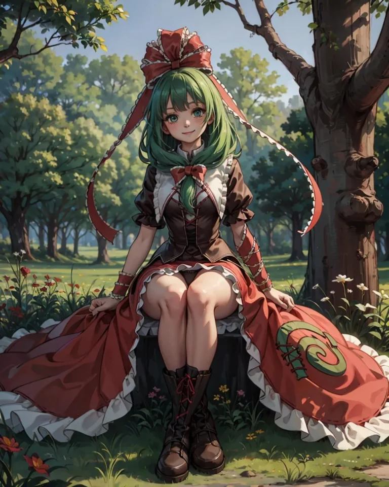 Anime girl with green hair sitting on a tree stump in a park setting, wearing a detailed dress with a large red bow on her head. AI generated image using Stable Diffusion.