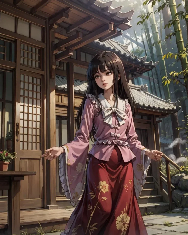 An anime-style girl in a pink and red floral outfit stands outside a traditional Japanese house with bamboo in the background, generated using AI and Stable Diffusion.