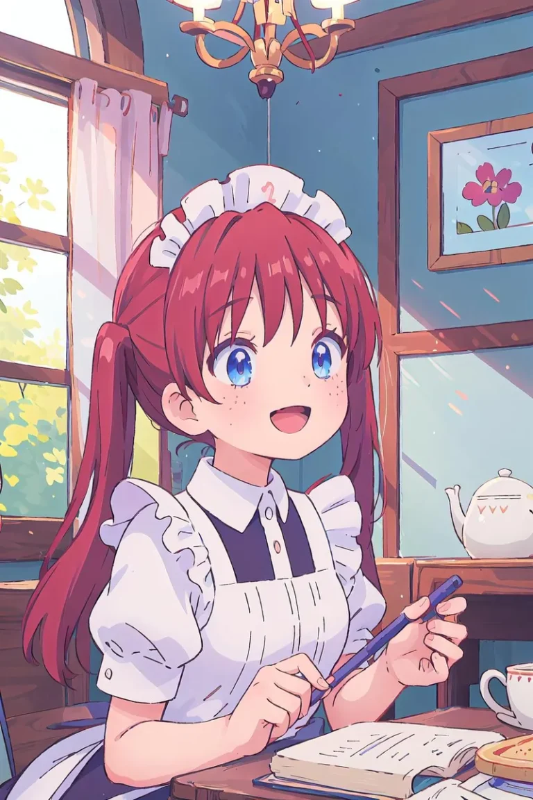 Anime-style illustration of a cheerful maid with red hair sitting at a table with a notebook and pen. The background includes a sunny window and a room decorated with a teapot and picture frame. This is an AI generated image using Stable Diffusion.