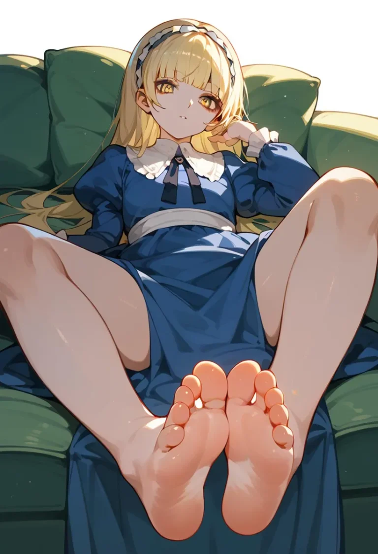 Anime maid girl with long blonde hair lounging on a couch, wearing a blue dress and headband, generated with Stable Diffusion.