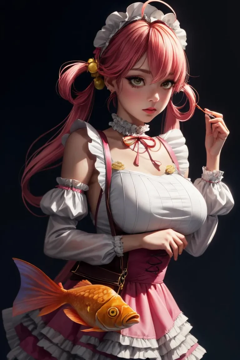 A highly detailed AI-generated image of an anime-style maid with pink hair, wearing a ruffled outfit, and holding a goldfish purse. This image is created using Stable Diffusion.