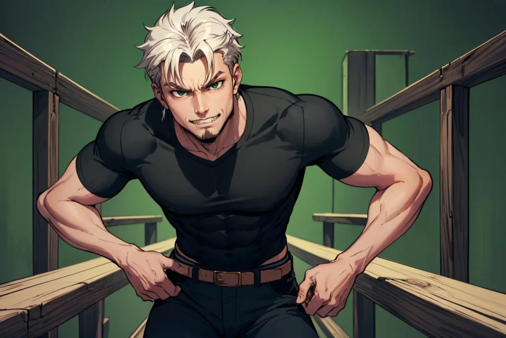 A muscular anime man with white hair and an intense gaze, leaning forward while gripping his belt, created using stable diffusion.