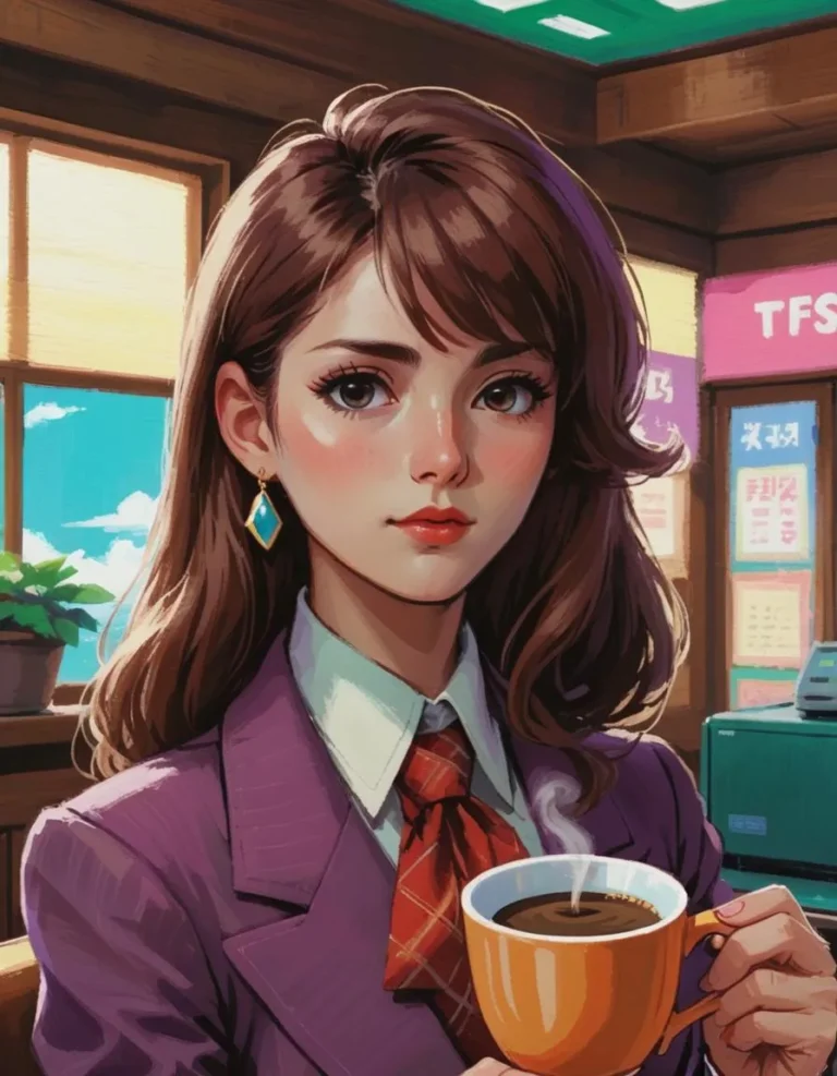 An AI generated anime illustration of a professional woman in an office setting, holding a cup of coffee. The image features a young woman with brown hair, wearing a purple suit and red tie, with a pair of blue earrings. The office background includes windows with light coming through and some office equipment.