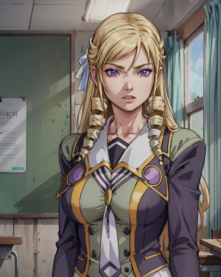 Anime school girl with blonde hair and braided hairstyle, dressed in a detailed uniform with purple and gold accents, standing in a well-lit classroom. AI generated image using Stable Diffusion.