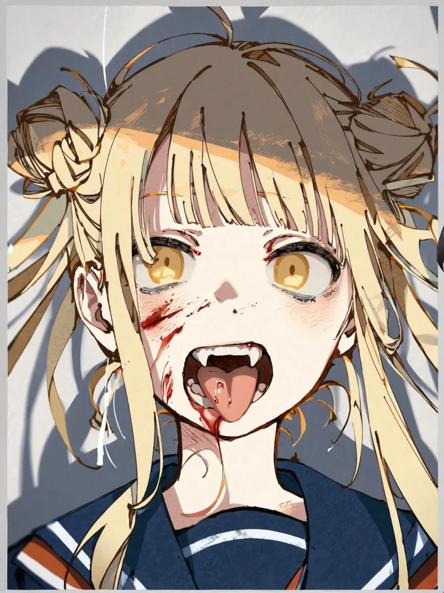 An anime-styled girl with blonde hair in buns, golden eyes, and sharp vampire fangs, with blood on her face and tongue. AI-generated image using stable diffusion.