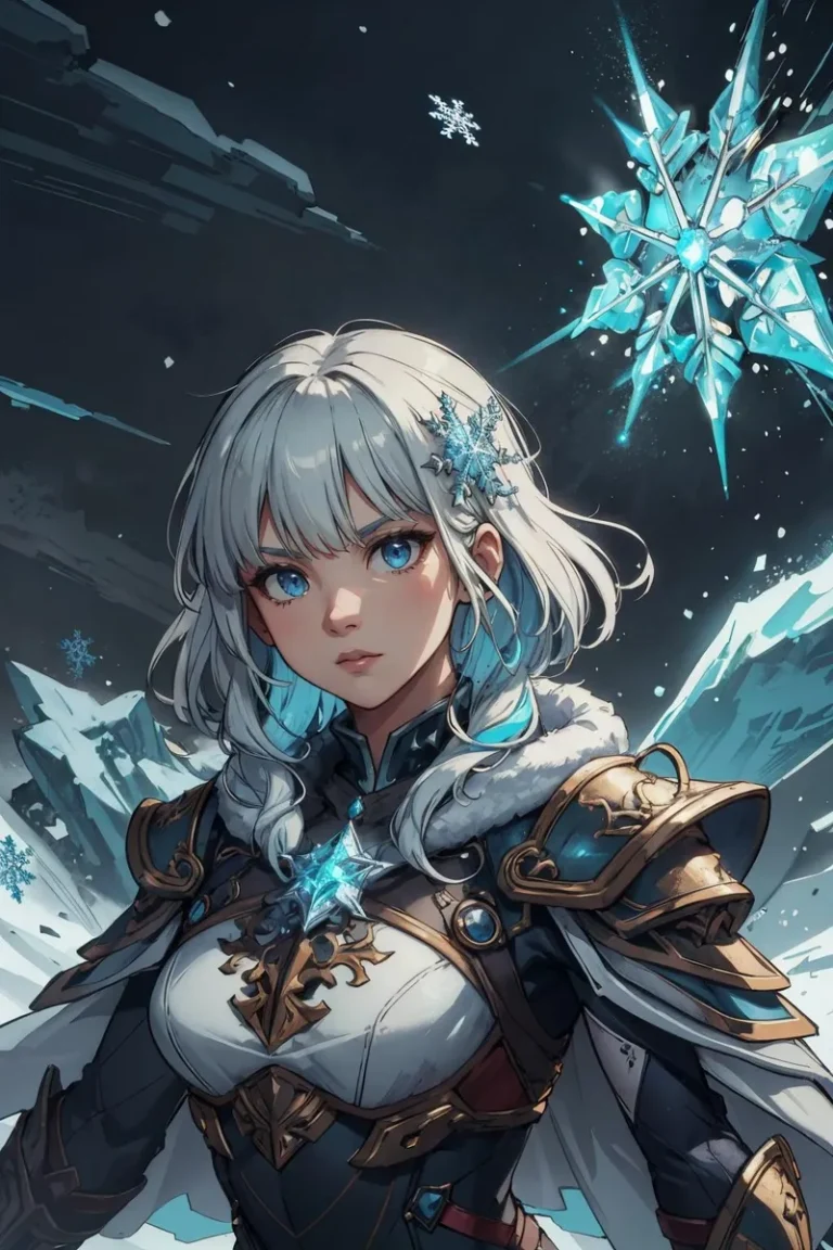 Anime warrior girl with white hair, blue eyes, wearing fantasy armor adorned with ice and snowflakes, in a snowy landscape. AI generated image using Stable Diffusion.