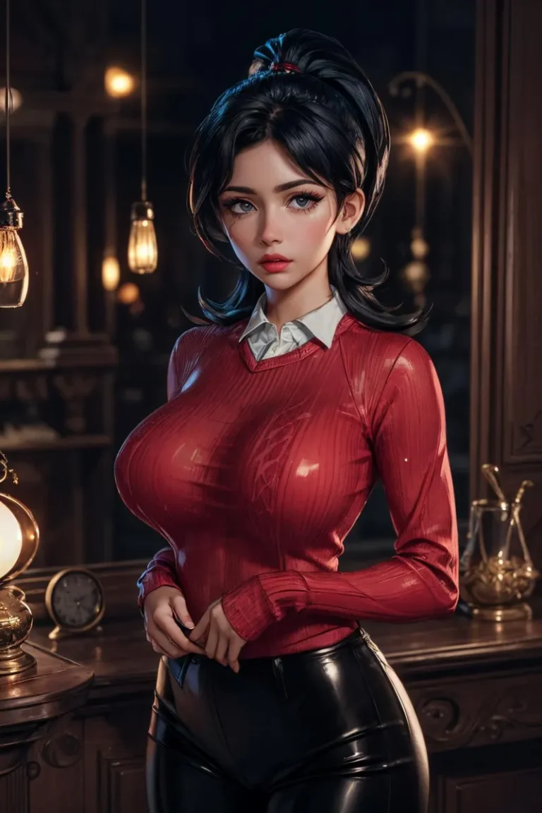 Stylized anime woman with long dark hair in a ponytail, wearing a red fitted top and black vinyl pants, in an intricately decorated bar setting. This is an AI generated image using Stable Diffusion.