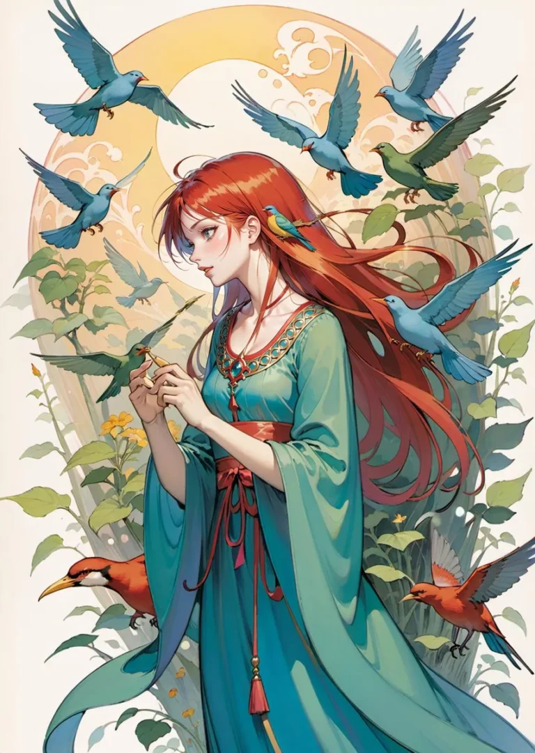 Anime woman with flowing red hair in a green robe surrounded by various birds, AI generated image using Stable Diffusion.