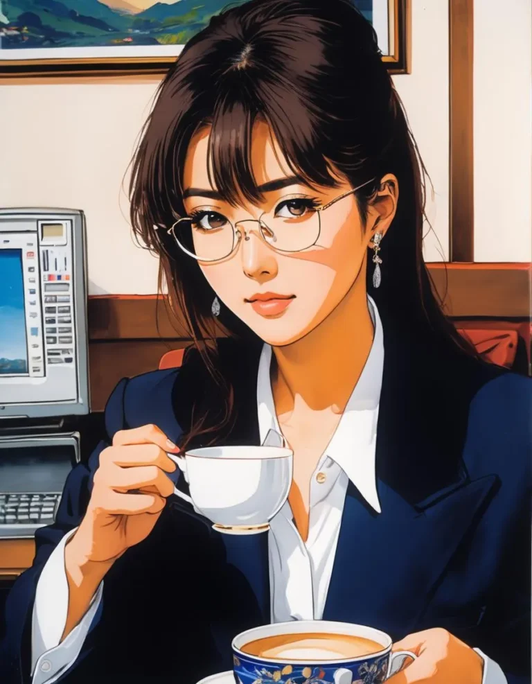Anime-styled depiction of a woman with glasses and earrings, drinking coffee in an office setting, AI-generated using Stable Diffusion.