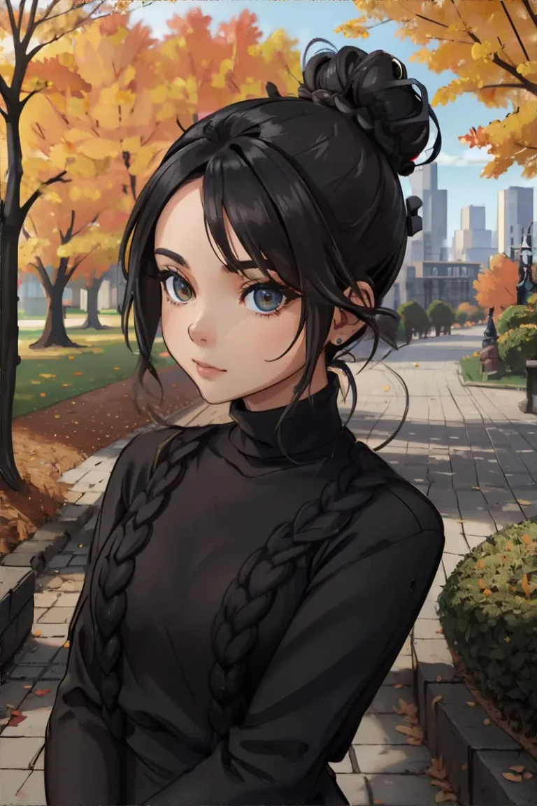 Anime-style woman with braided hair standing in an autumn park filled with yellow and orange leaves, created using stable diffusion.