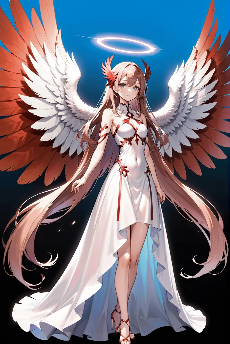 Anime angel with long pink hair, red and white wings, and a glowing halo above her head, wearing a white dress. AI generated image using Stable Diffusion.