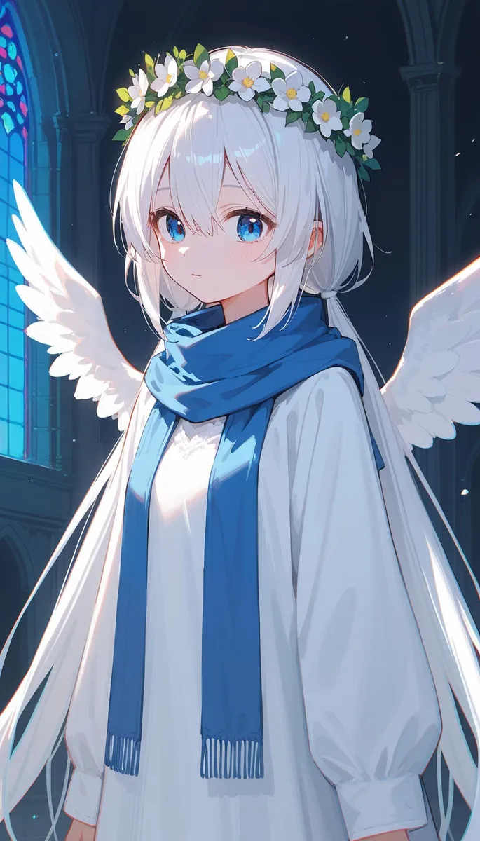 An AI generated image using stable diffusion showcasing an anime angel with white hair, blue eyes, and a flower crown, dressed in a white robe with a blue scarf, standing in a church-like setting with wings visible.