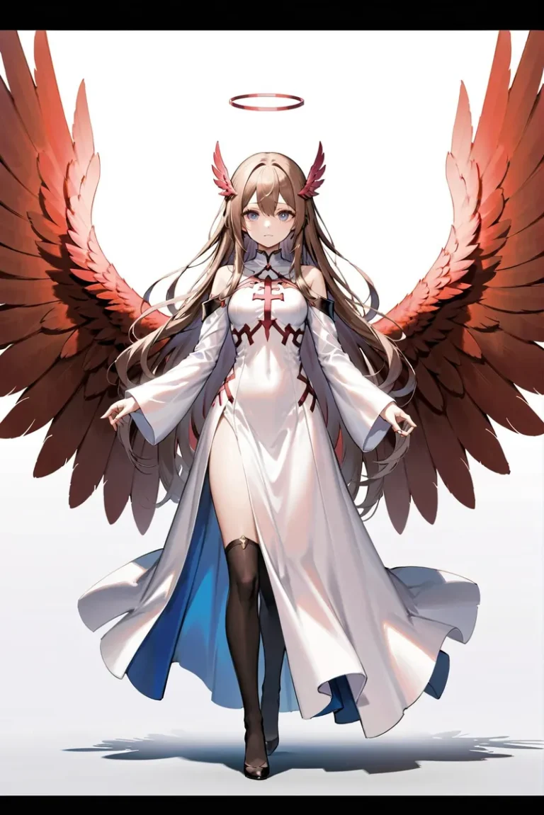 Anime angel with red wings and a halo, wearing a white and red dress with high slits, created using Stable Diffusion AI.